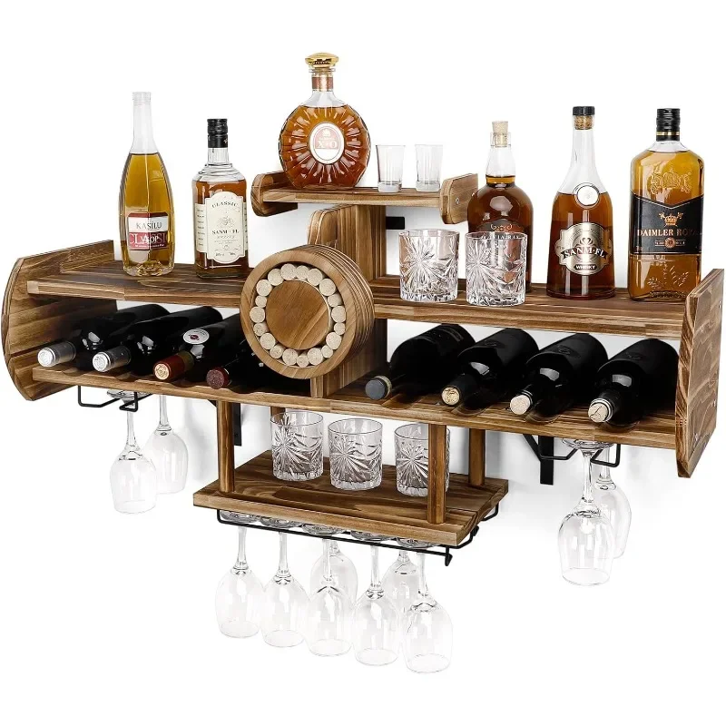 Wine Rack Wall Mounted Wood Shelf with Bottle Stemware Glass Holder Rustic, Airplane Shape Multi Functional Liquor