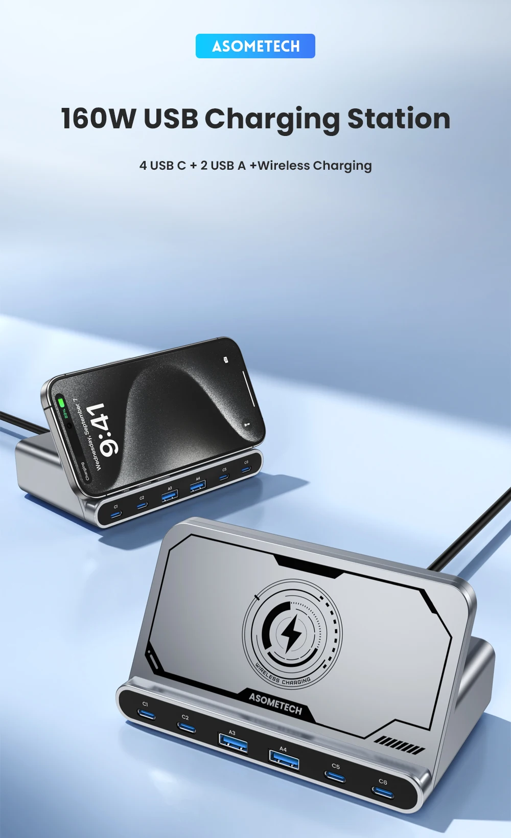 ASOMETECH 160 W USB-Ladestation 7-in-1 kabelloses Ladegerät 65 W 45 W PPS PD Typ C Schnellladung für MacBook iPad iPhone 16 Samsung – Detail 1