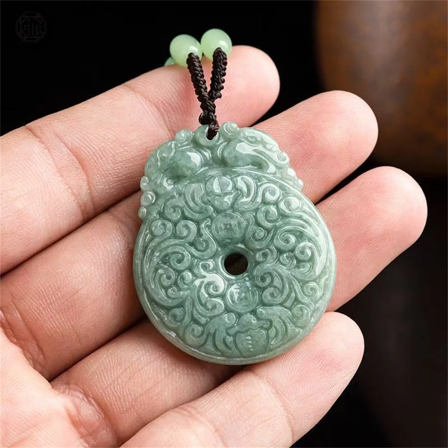 

Natural Grade A Jadeite Pea Green Double Dragon Fu Character Ancient Peace Lock Pendant Unisex Men Women Gemstone Jewelry Gift