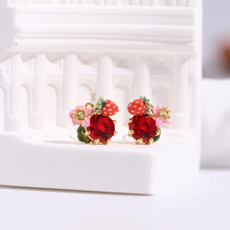 Trendy Pastoral Style French Style Handmade Enamel Red Strawberry Pink Flower Burgundy Glass Inset Charms Stud Earrings Ear Hook