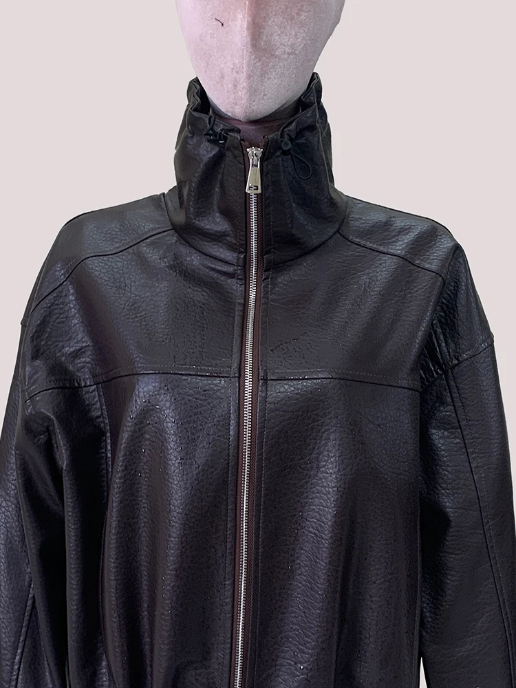 

Mauroicardi Spring Autumn Short Windproof Brown Faux Leather Jacket Women Long Sleeve Stand Collar Zip Up Korean Fashion Clothes