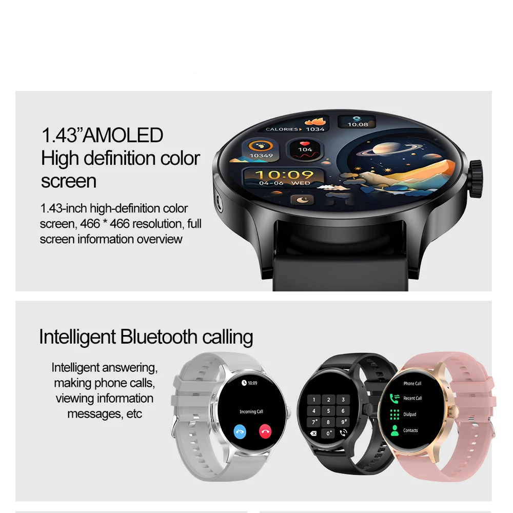 1.43 "AMOLED شاشة الرجال النساء الرياضة اللياقة البدنية بلوتوث دعوة Smartwatch معدل ضربات القلب الموسيقى الطقس الساعات الذكية متعددة الطلب