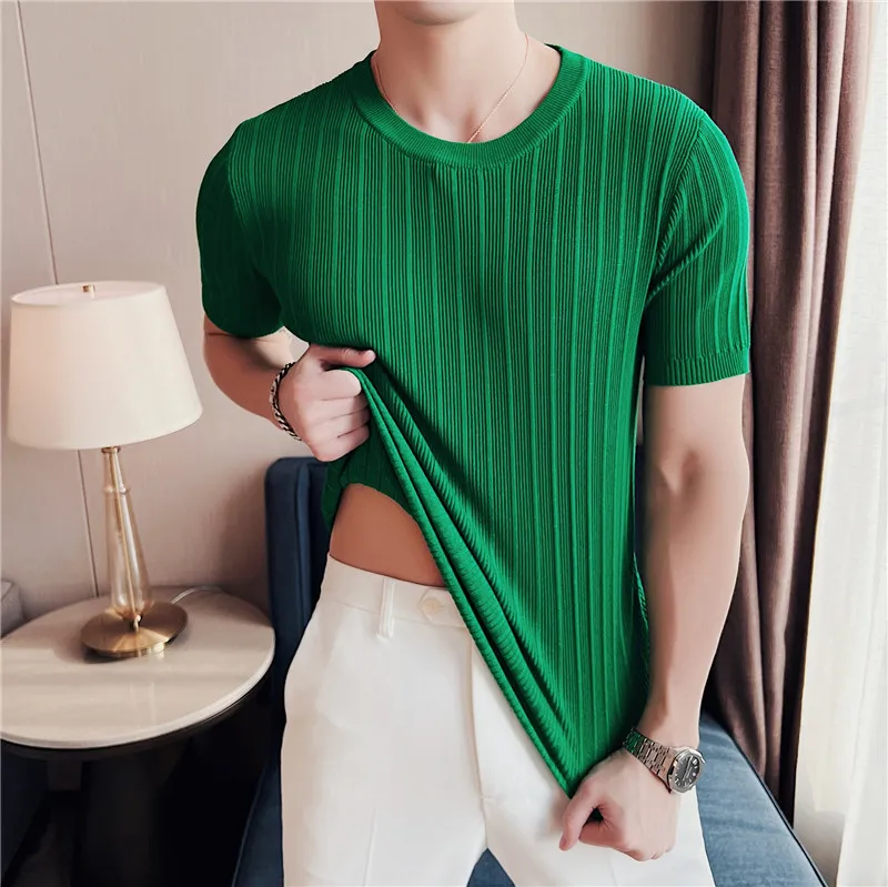 Men Short Sleeve Knitted T-Shirt 2026 Summer Light Thin High Elastic Solid Casual Stripe Slim Fit Half High Collar Top T-Shirt