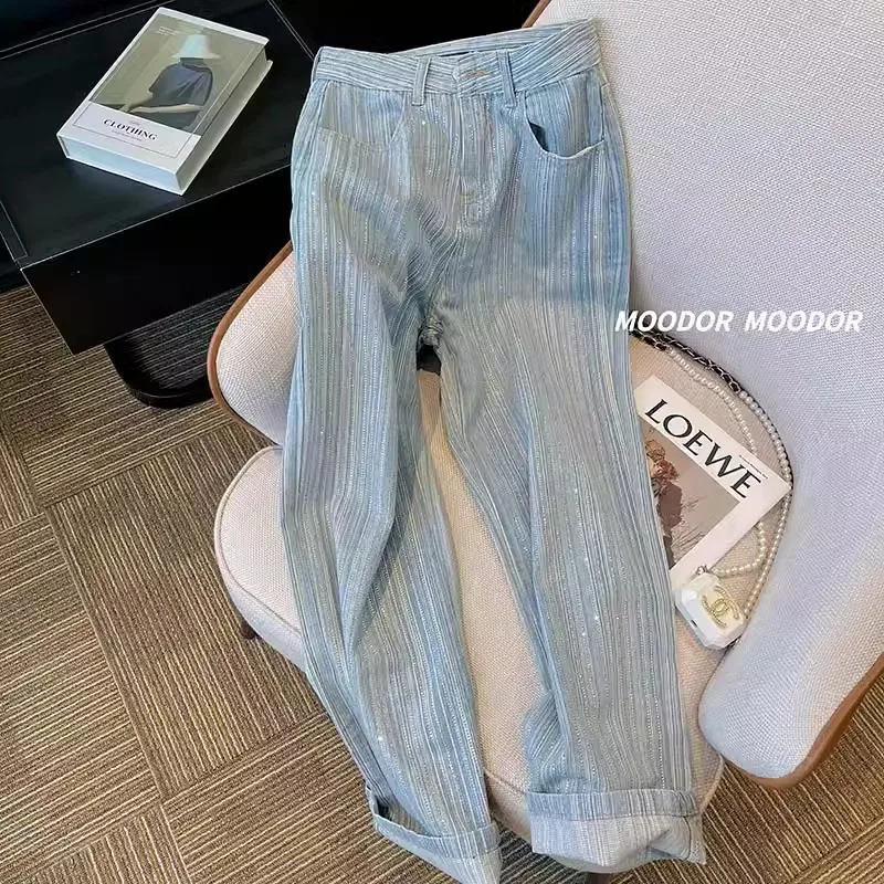 

Minimalist design striped straight pants for women 2024 new fashion unique personality hot diamond sequins long jeans