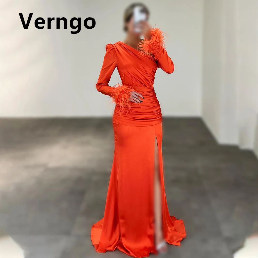 

Verngo Red Satin Prom Gowns Split Mermaid Formal Dress For Women Feather Full Sleeves Evening Dress Simple Party Gowns