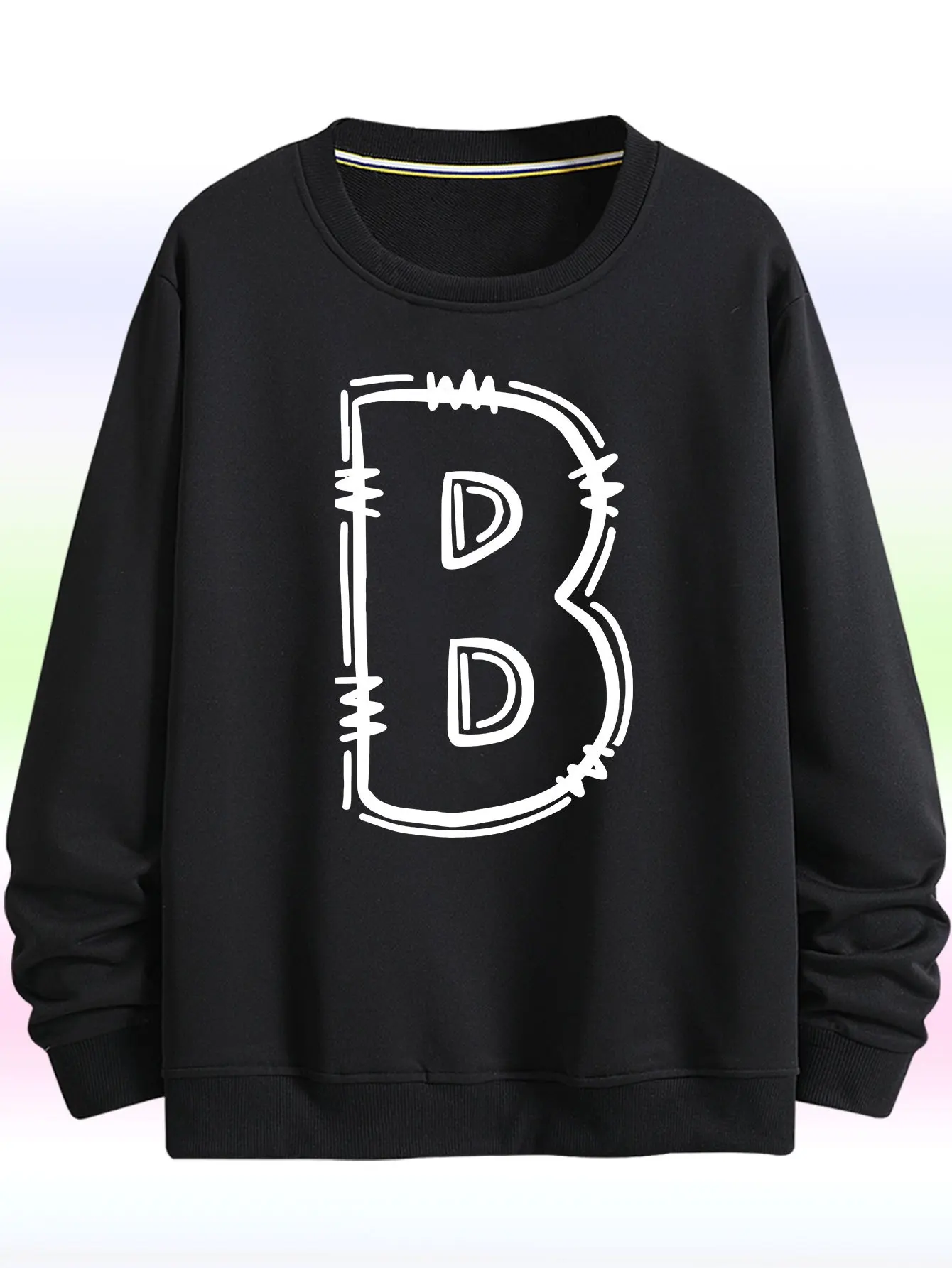 سترة بسيطة وأنيقة مطبوعة برقبة دائرية على شكل حرف B، سترة برقبة دائرية وأكمام طويلة، سترة رياضية كاجوال مريحة