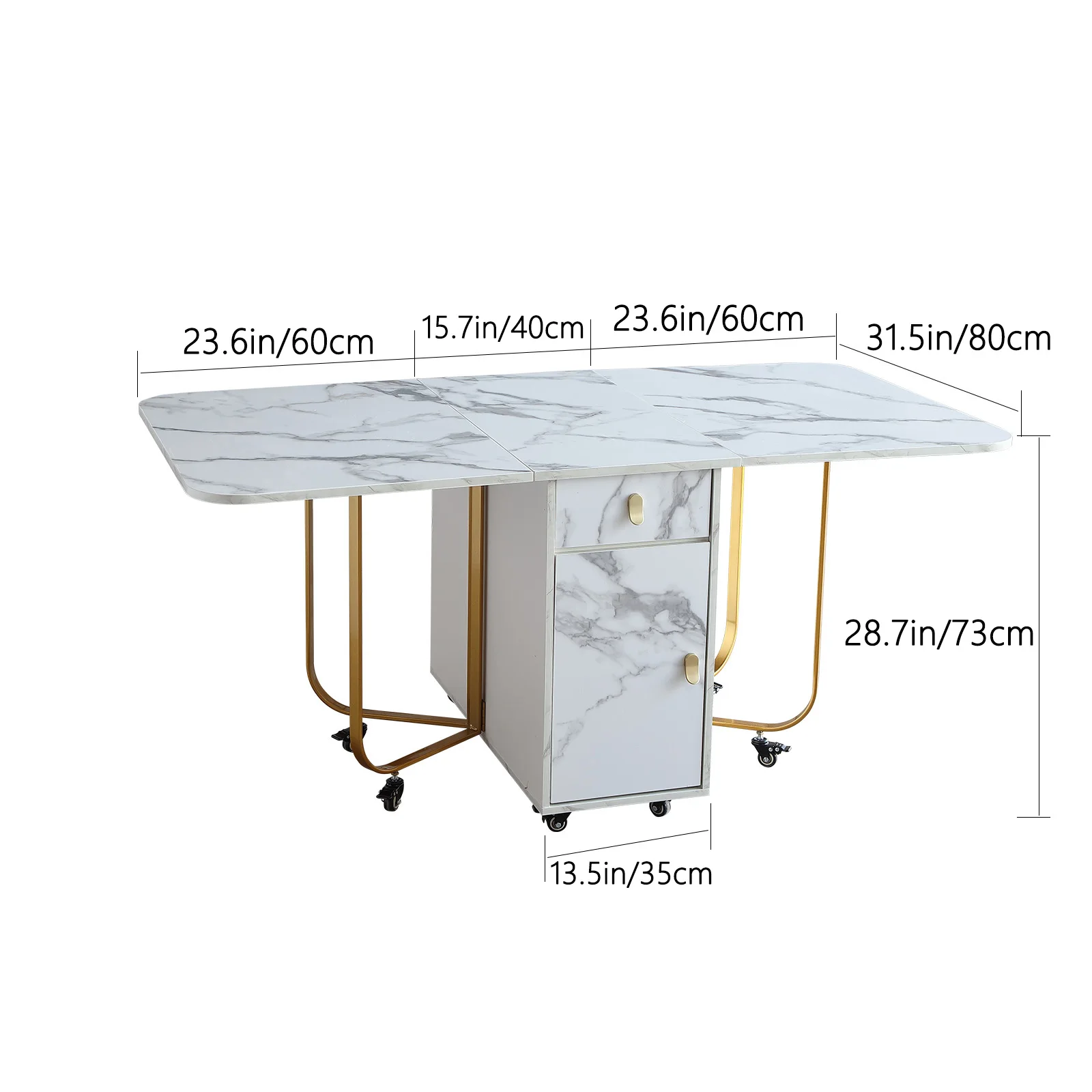 Folding Dining Table with Storage Rack and 2 Drawers with 4 Support Legs, Foldable Kitchen Table Extendable Versatile Table