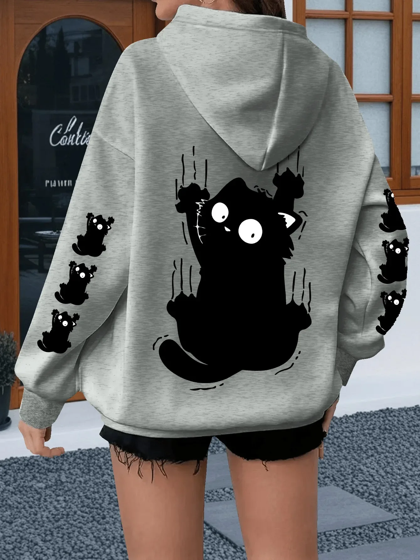 Women  Hoodie Cute Scratch Black Cat Dual Sleeve Print Pullover Sweatshirt Autumn Winter Harajuku Casual Street Tops