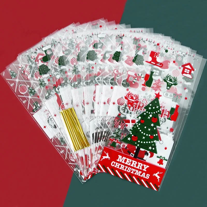 

Mixed 50pcs Merry Christmas Candy Bags Santa Snowman Transparent Cellophane Cookies Gift Packaging Pouch Bags Xmas Party Favors