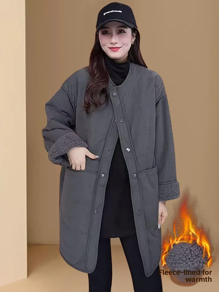 

Lamb Fur Lined Overcoat Women's Winter Mid-Length Loose Versatile Warm Fleece Inner Jacket Commute Style Body Type