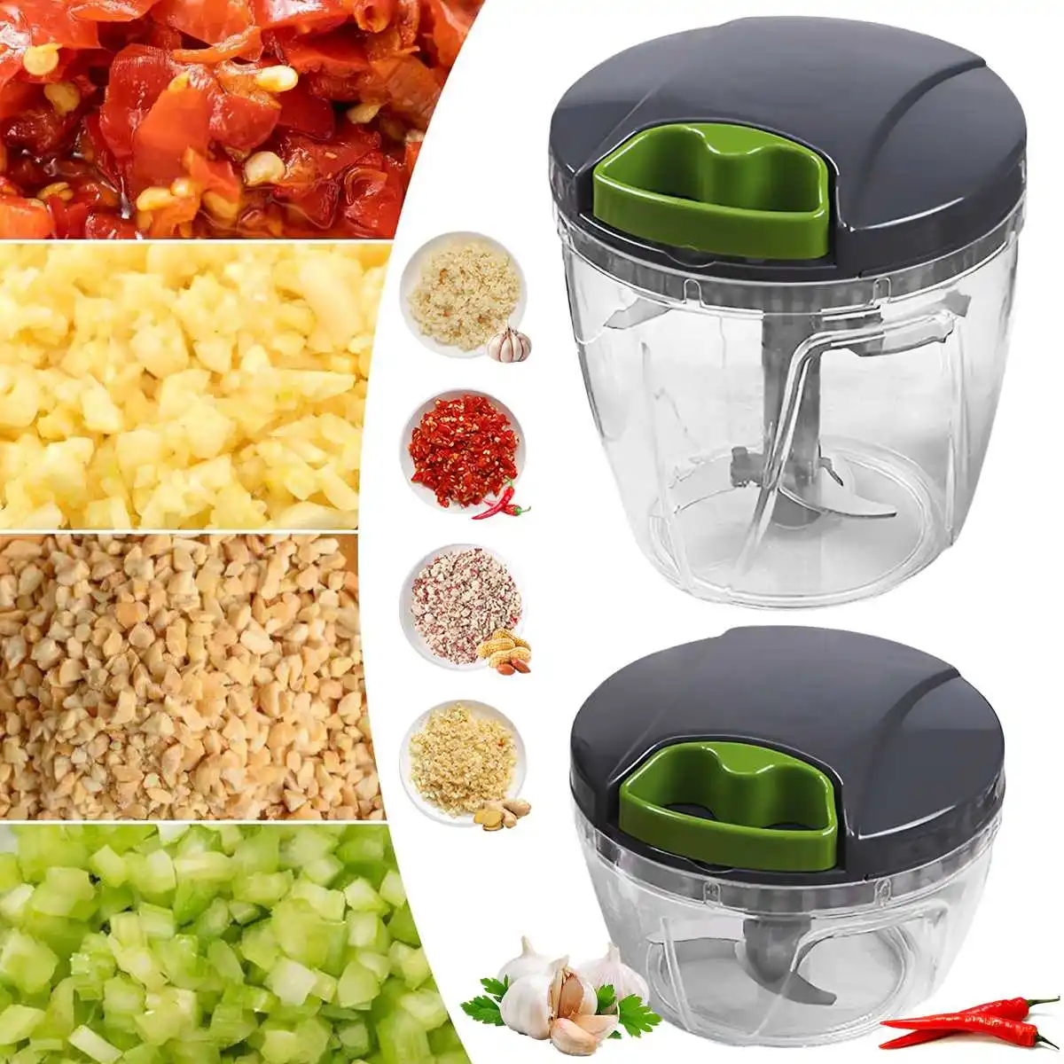 Picadora Manual de alimentos de 600/1000ml, cortador Manual de verduras, cebollas, ajo, frutas, hierbas, nueces, procesador de alimentos de cocina