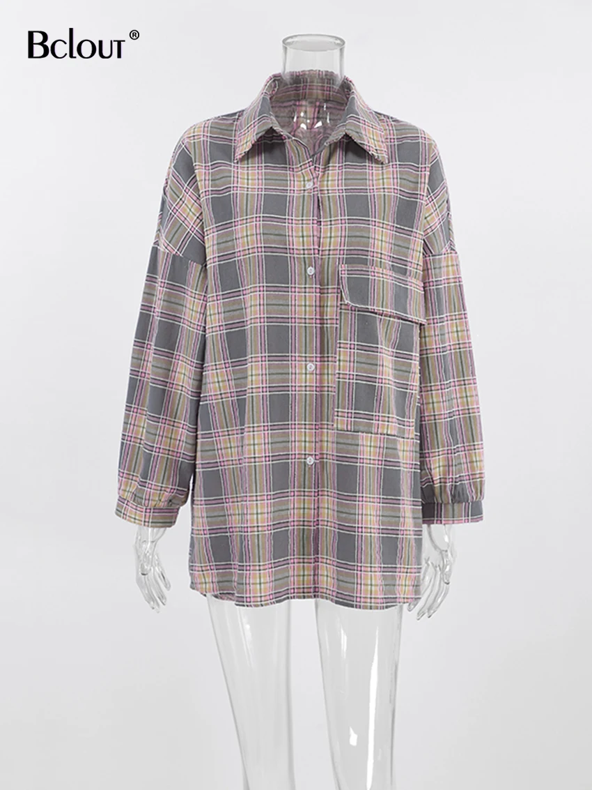 Bclout Streetwear Pink Plaid Shirts Bloues Women 2023 Fashion Cotton Loose Long Sleeve Shirts Casual Party Oversize Tops Female