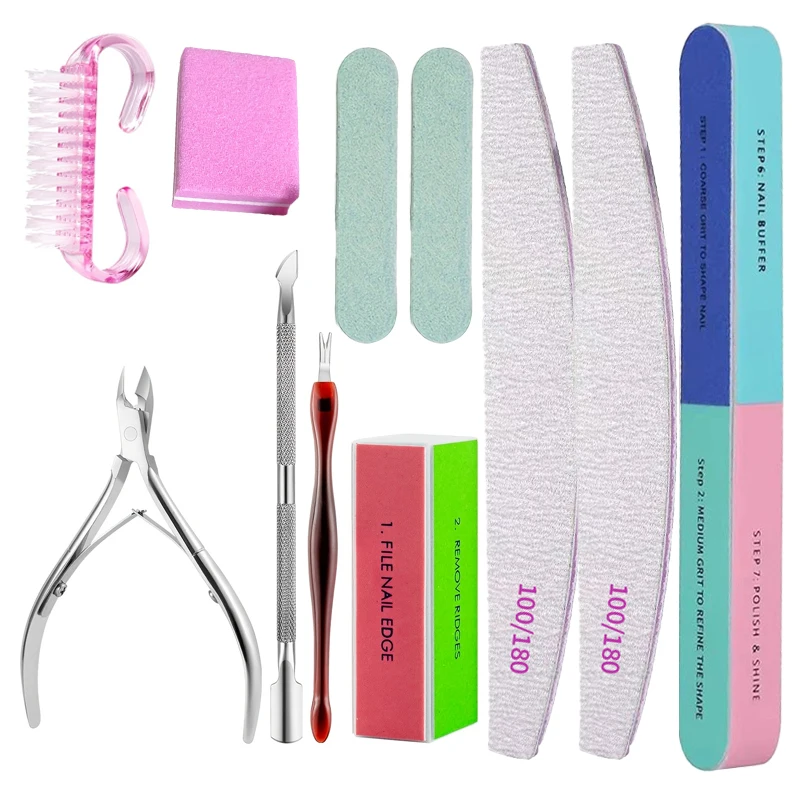 11Pcs Manicure Pedicure Kit Stainless Steel Cuticle Nipper & Pusher Double Sided Nail Files Nail Buffer Block DIY Nail Art