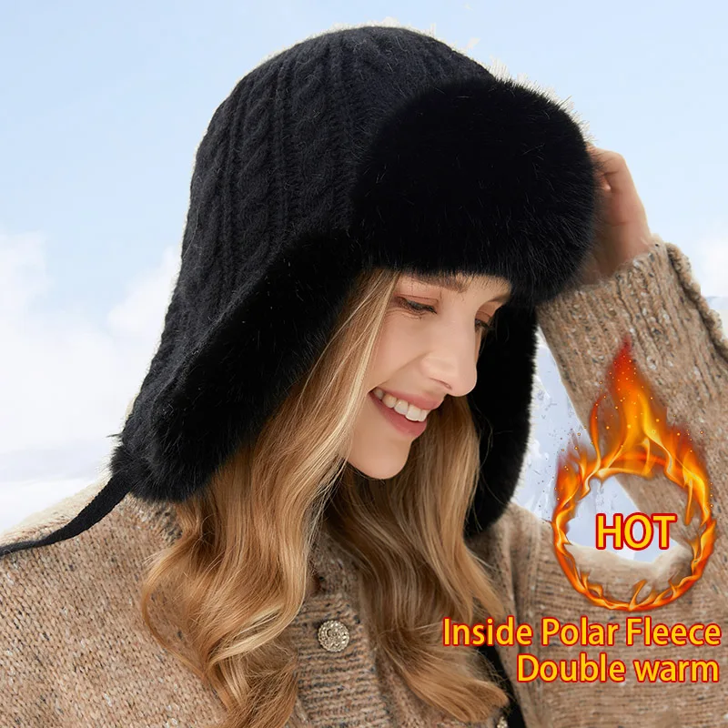 Luxury Winter Hats Woman Ushanka 2024 Warm Russian Faux Fur Earflap Hat Autumn Hats Women Plush Knitted Bomber Cap Black