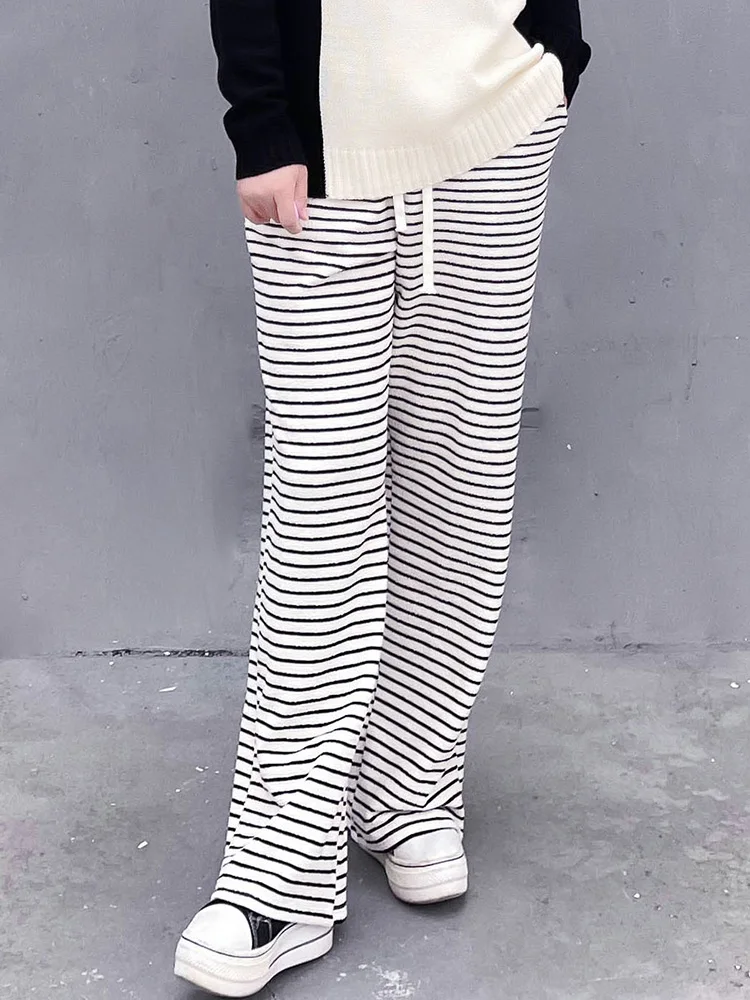 

Женские брюки с высокой талией и широкими штанинами больших размеров, осенне-зимние, в полоску, свободные, прямые, повседневные, для студентов