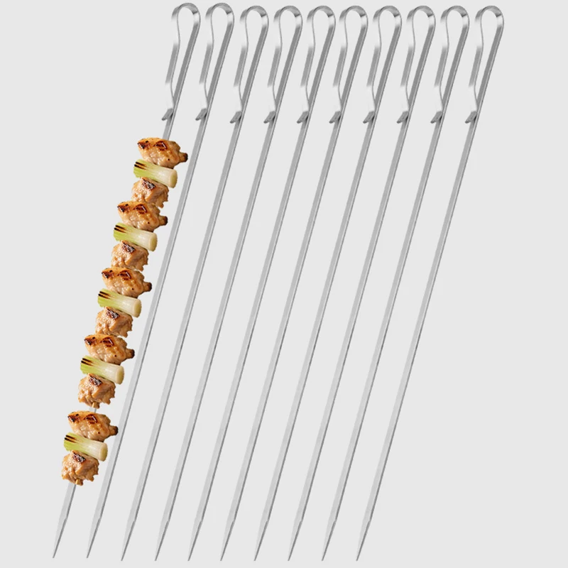 8/12Pcs/set Extended Stainless Steel BBQ Barbecue Skewer Roast Stick Grilling Kabob Kebab Flat Skewers Needle Wholesale
