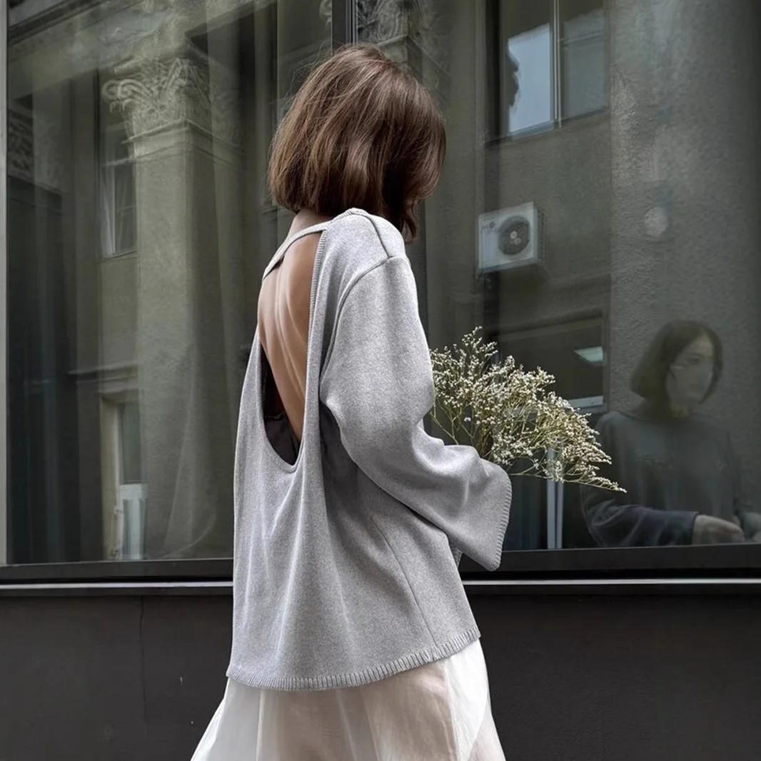 

Cotton Pullover Sweater 2025 Autumn and Winter New Temperament Loose and Lazy Sexy Backless Knit Sweater