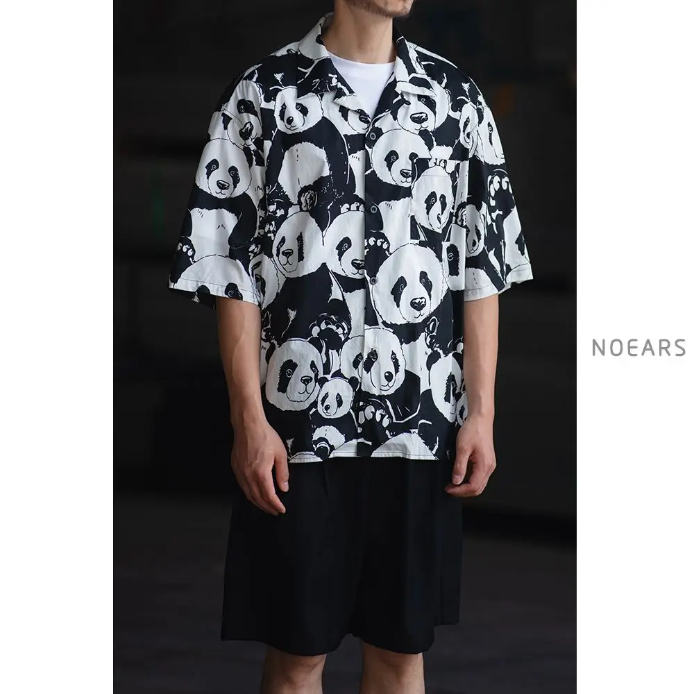 Cute Panda Full Print Black Cartoon Shirts Half Sleeve Oversized Blouse for Men Summer Hawaii Beach Tops Hip Hop Kawaii Clothes