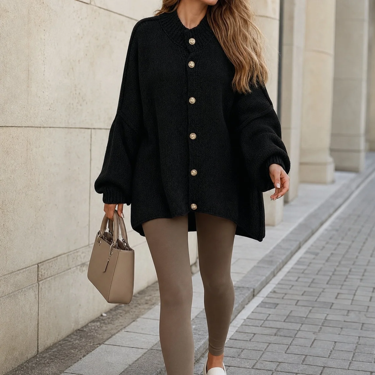 Women's Winter Clothing Cardigan Oversized Batwing Sleeve Long Sleeve Solid Color Thick Casual Mid Length Round Neck Button