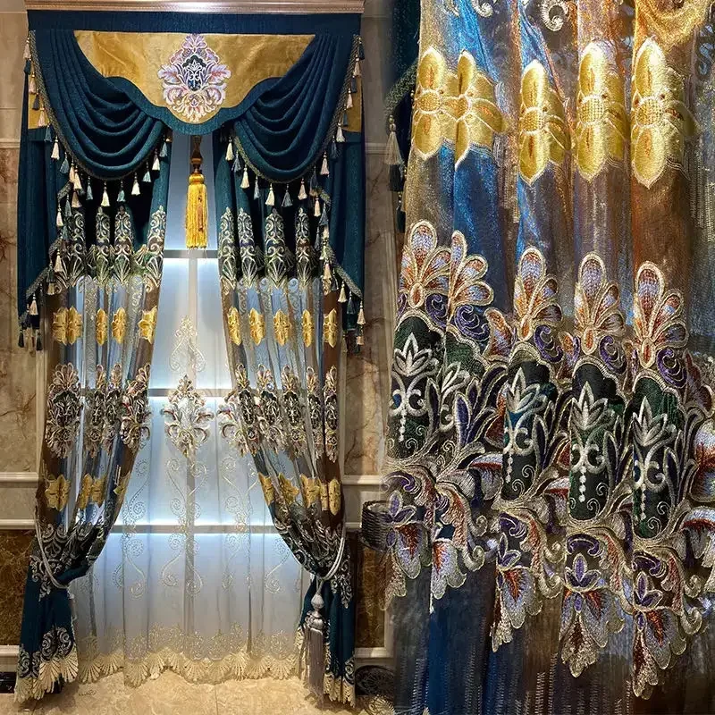 Tende da soggiorno ricamate blu verdi di lusso europee Design in velluto dorato Tende mantovana di alta qualità per la cucina della camera da letto