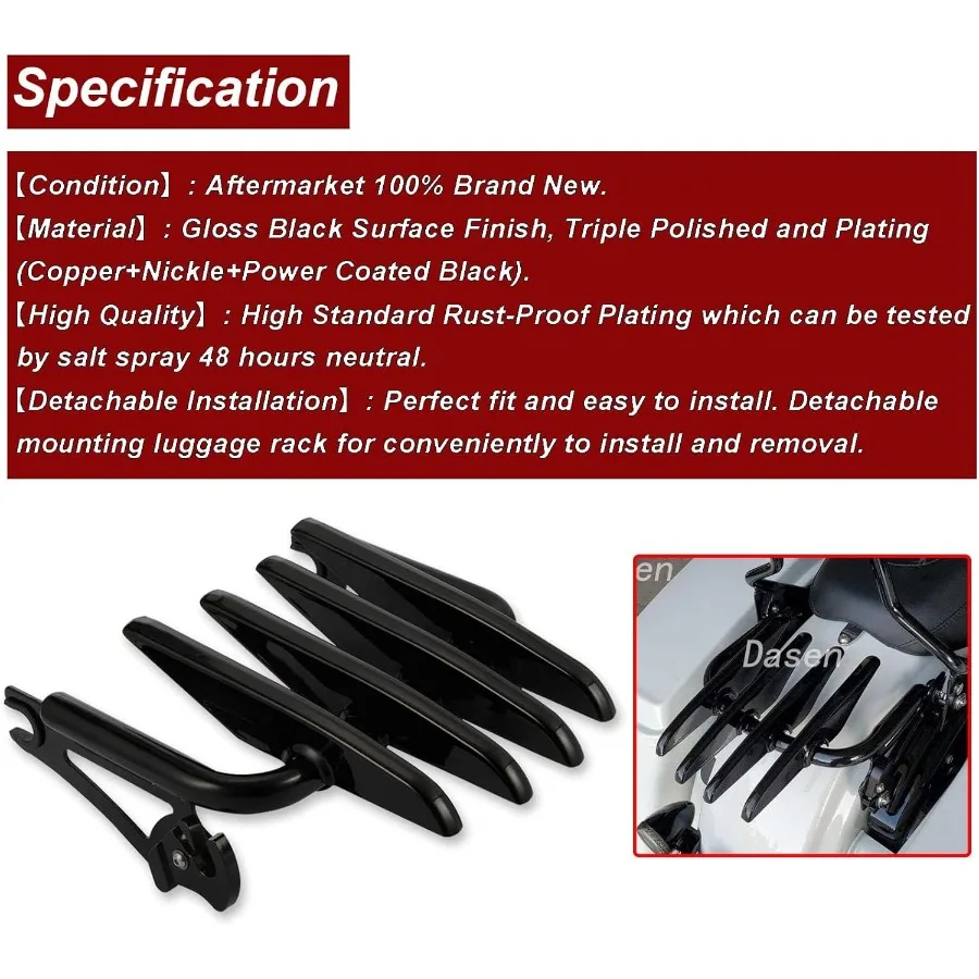 رف أمتعة خفي قابل للفصل لدراجة Harley Touring Road King Electra Glide Road Glide Street Glide 20092025 أسود لامع آمن