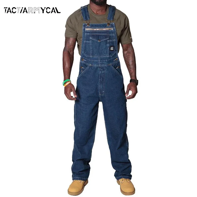

2026 Full Length Overalls Men Casual Jeans Multi-Pocket High Street Straight Pants Four Seasons Loose Long Denim Overalls Male
