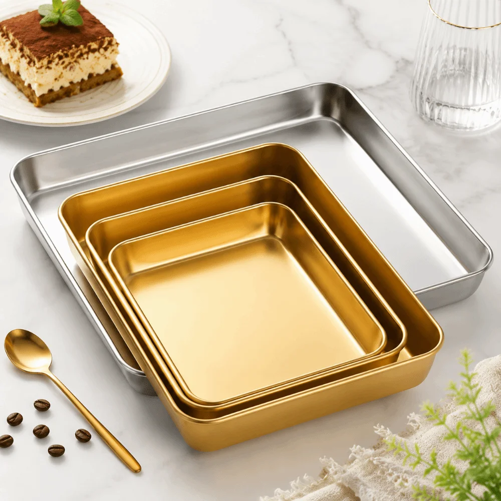 Practical Stainless Steel Multi-sizes Tray Gold Silver Large Capacity Storage Tray Rectangle Thicked Cake Tray For Refrigerators