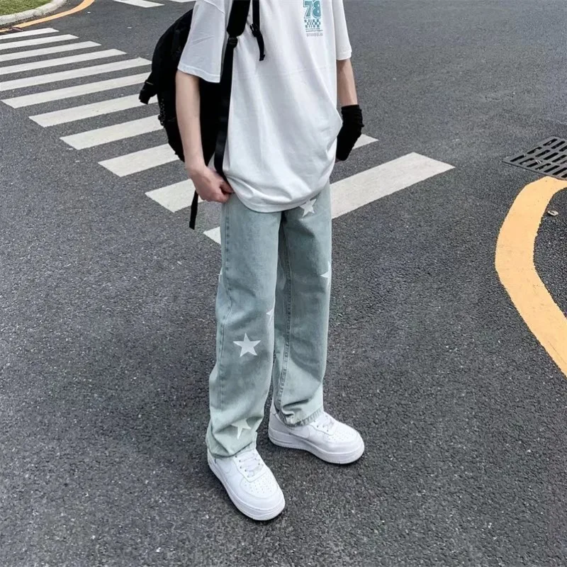 Denim Trousers Y2K Summer Spring Streetwear Vintage Gothic Men Women Straight Loose Jeans Star Printed Men High Street Black