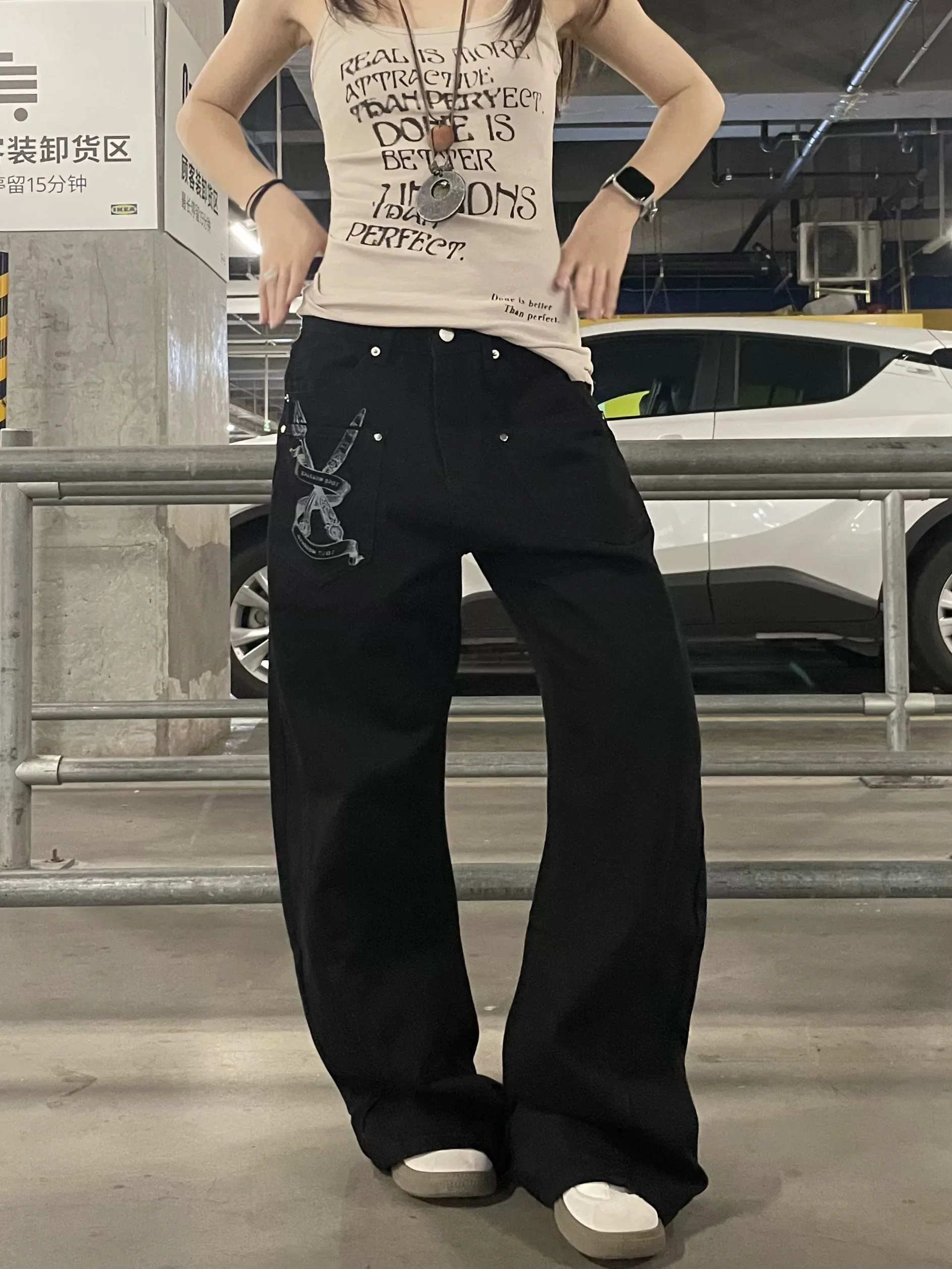 Damskie jeansy w stylu Y2K American Retro z nadrukiem liter, patchworkiem, luźne, w stylu spicy lazy, z wygiętymi nogawkami, modne.