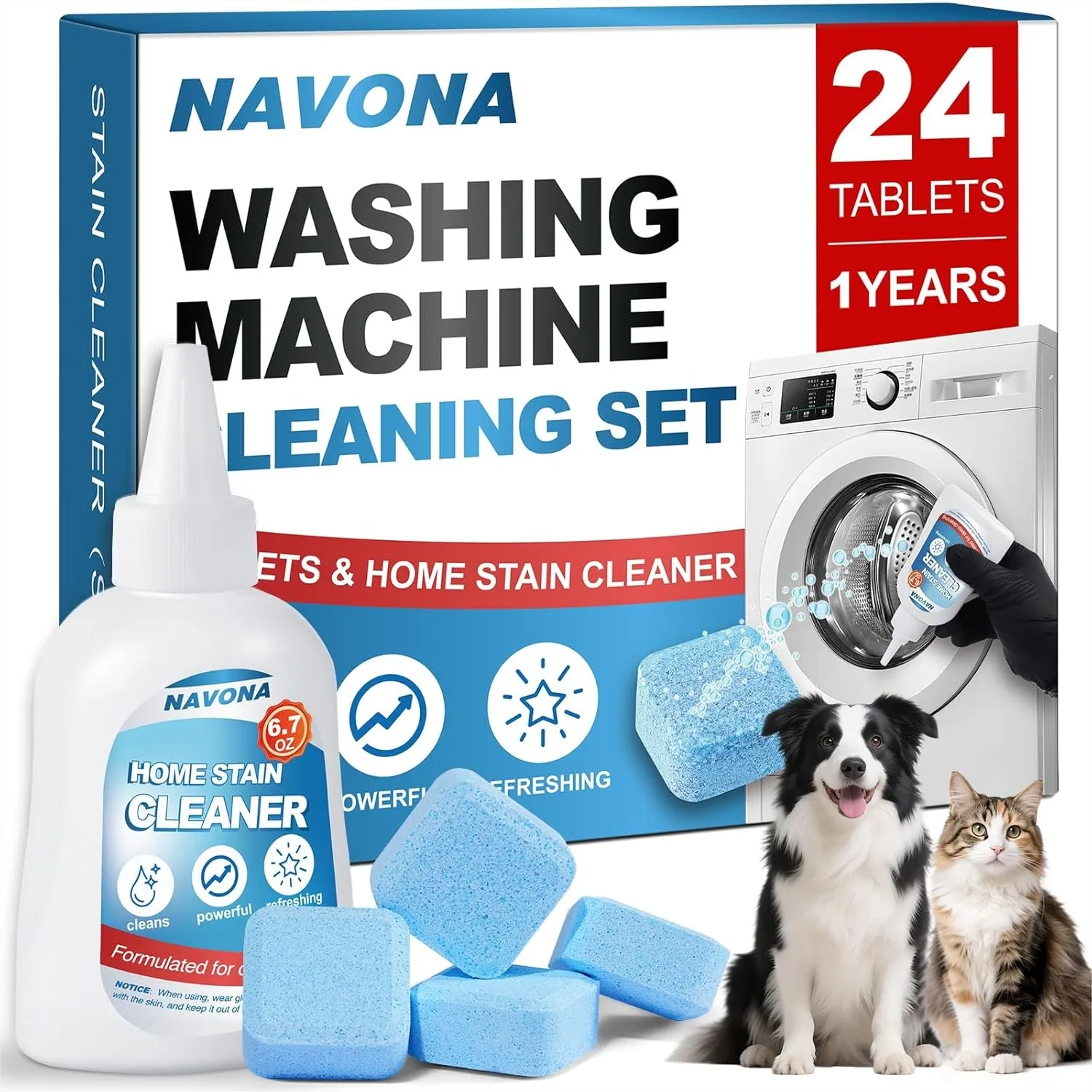 

24 Pack Washing Machine Cleaner Tablets with Stain Remover Gel, Deep Clean for Odor, Limescale & Pet Hair, for Front Load & Top