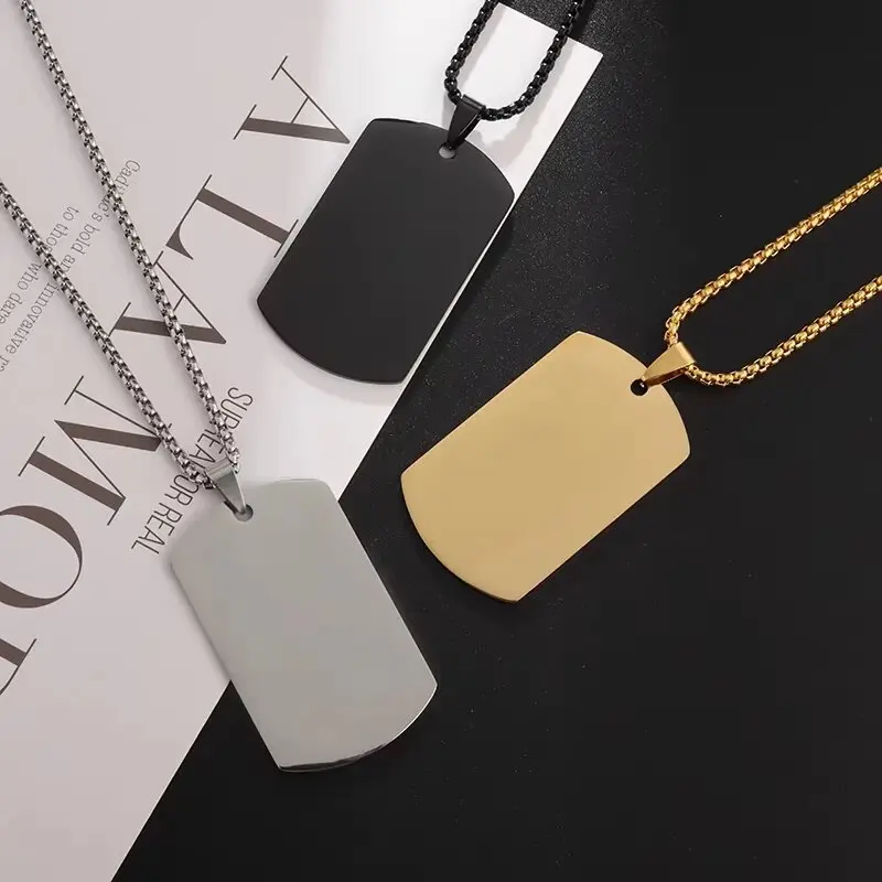 High Quality Titanium Steel Square Pendant Necklace Military Brand Dog Tag Engraved Necklace Men's Punk Jewelry