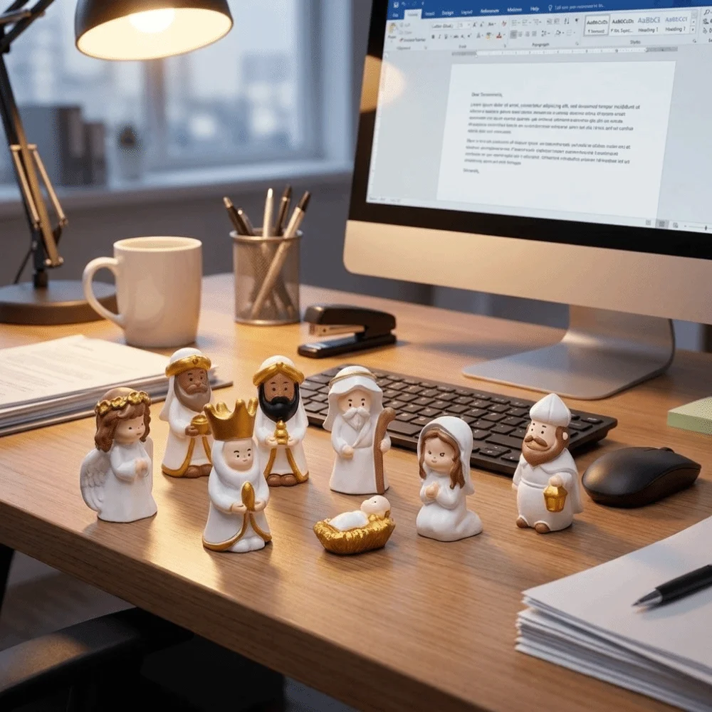 8PCS 3D Nativity Scene Figurine Set Resin Collectible Jesus Virgin Mary Figurine Little Nun Figurine Miniature