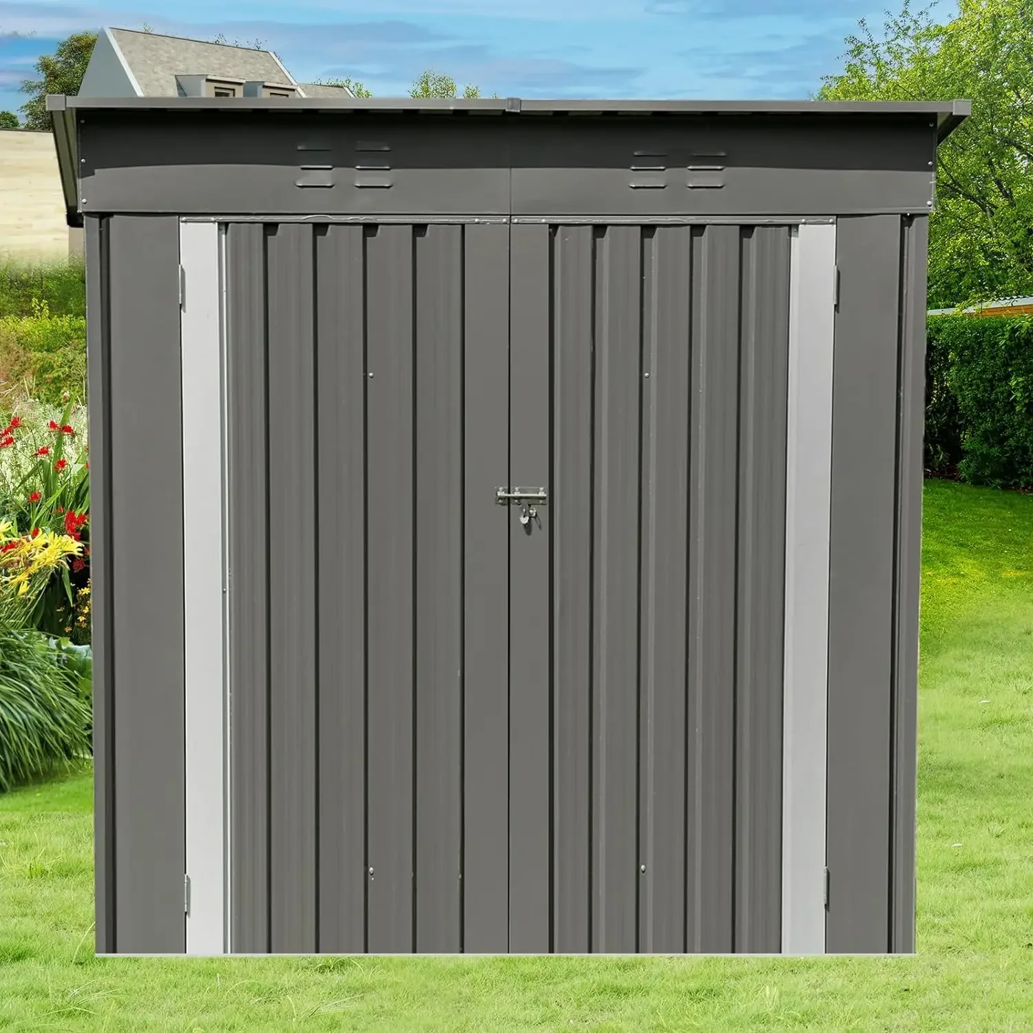 Outdoor Storage Shed 6x4FT, Steel Tool Garden Small Metal Sheds with Double Lockable Door,  Galvanized Steel Storage House