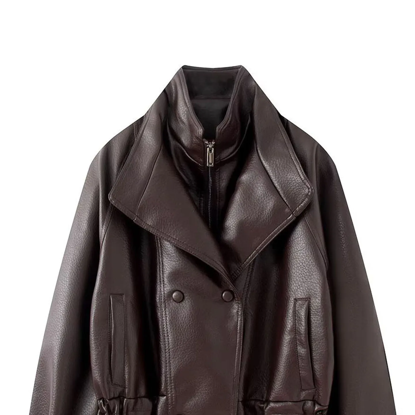 Women's Casual Style Double Layer Collar Drawstring Waist in Mid-Length Double Row Button Stand Collar Jacket Summer New Arrival