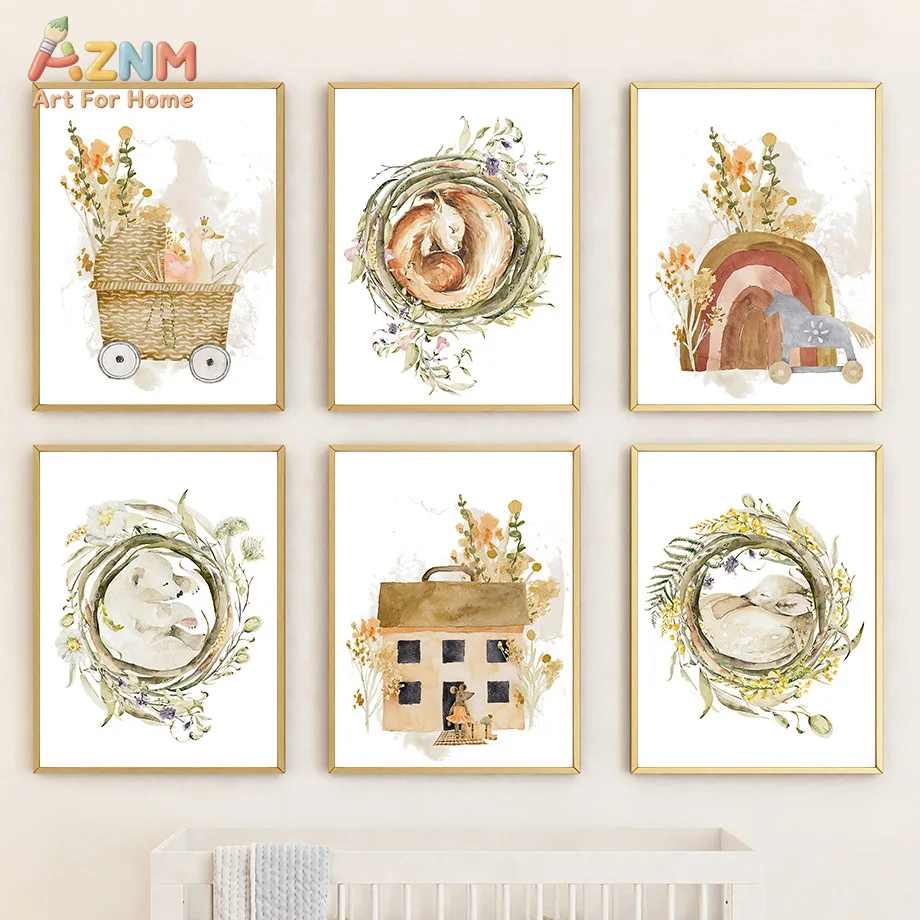 AZNM Frameless Canvas Poster Watercolor Floral Wreath Fox Bear Swan Print, Neutral Woodland Animal House Rainbow Wall Art Pictur