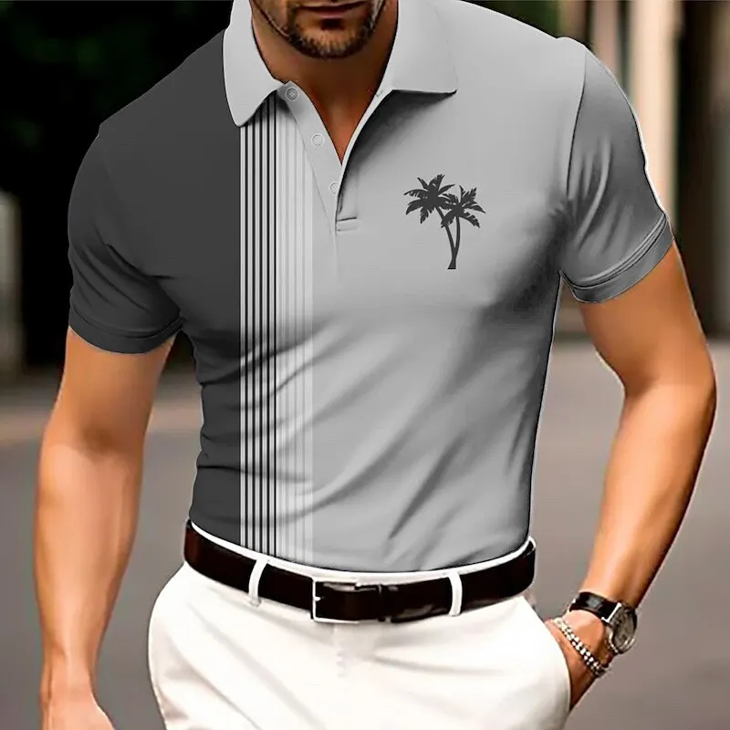 

Simple Coconut Tree Print Men's Polo Shirt Daily Casual Lapel Short Sleeve Tops Summer Comfortable Golf Clothing Loose T-Shirts