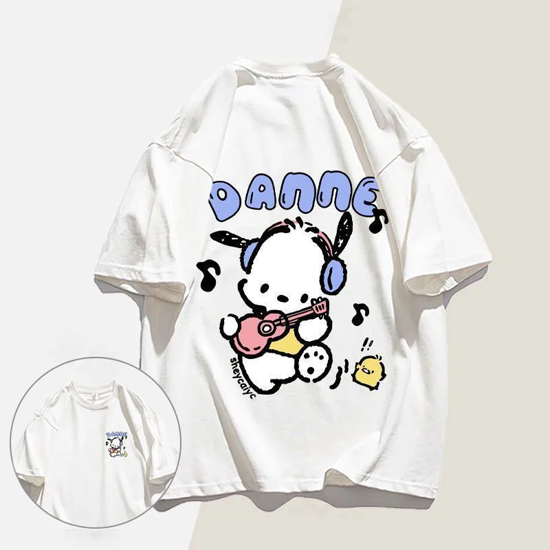 Miniso Sanrio Pochacco T Shirt Cute Cartoon Summer Loose Printing Short Sleeve Casual Home Outdoor Comfort Tops Girl Gifts