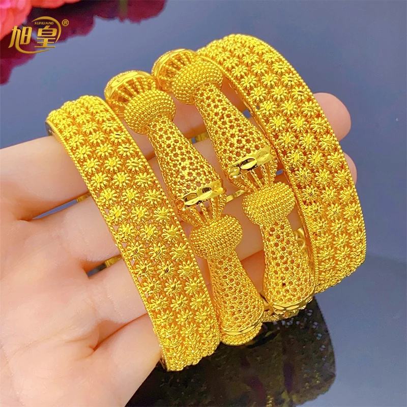 

XUHUANG Dubai African Luxury Gold Color Bangles 24K Jewelry Engagement For Women Bridal Wedding Bracelets Trend Jewellery Gifts