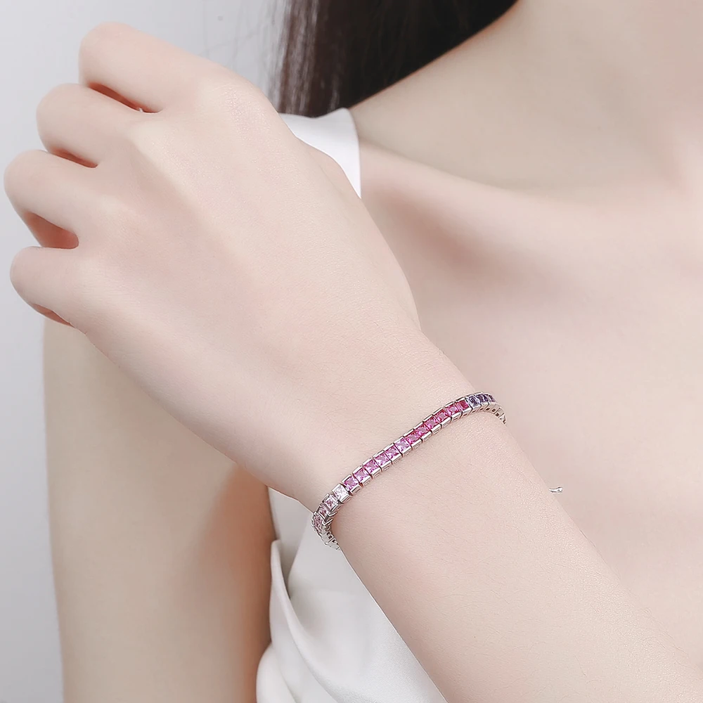 4mm Square Tennis Bracelet S925 Sterling Silver Full 2.52.5mm Rainbow Cubic Zirconia 6.9 Inch Dainty Jewelry Gift For Women