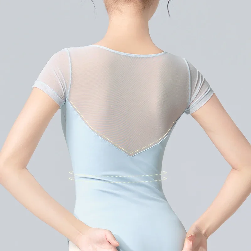 Women Ballet Leotards Pleating V-neck Gymnastics Mesh Splice Ballerina Dance Yoga Pilates Dancing Bodysuits Swimwear Leotards