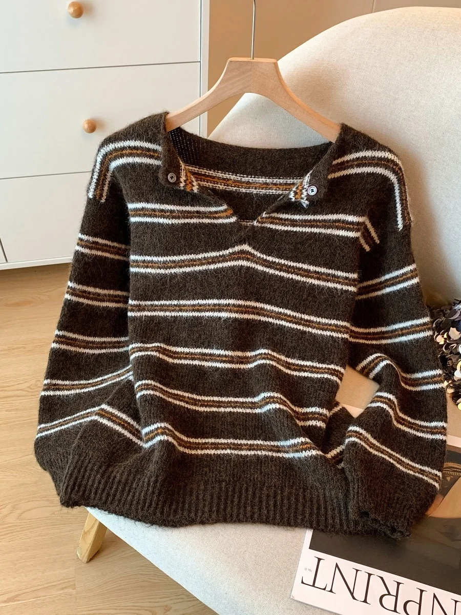 الكورية Sle جميلة البرتقال مخطط تريكو المرأة كسول سترة أوائل الخريف الشتاء Faion مكافحة الشيخوخة #3