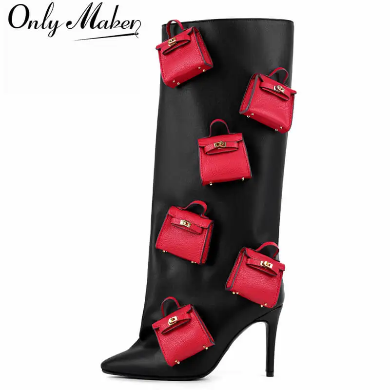 

Onlymaker Women Pointed Toe Purse Decorated Knee High Boots Fashion Mid Calf Pull On Boots
