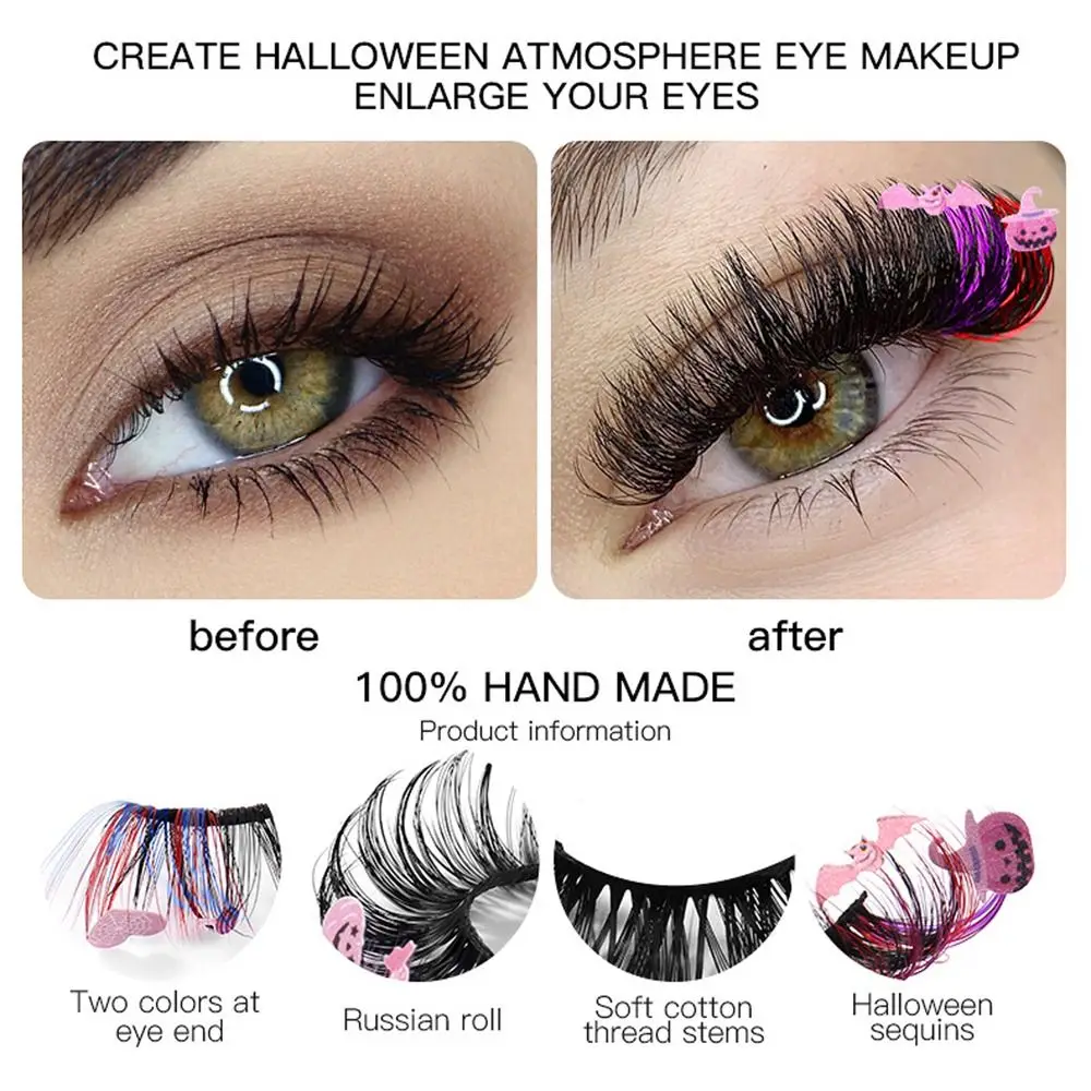 7 ペアドラマチックなカラフルなまつげコウモリ厚いふわふわハロウィンスパンコールミンクまつげカボチャ魔女ロシアカーリー