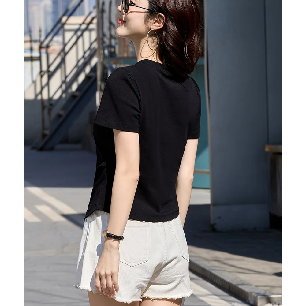 Koreanische Version blau unregelmäßige Kurzarm T-Shirt Damen Sommer neue modische lässige Rundhals plissiert Slim Fit kurze Top