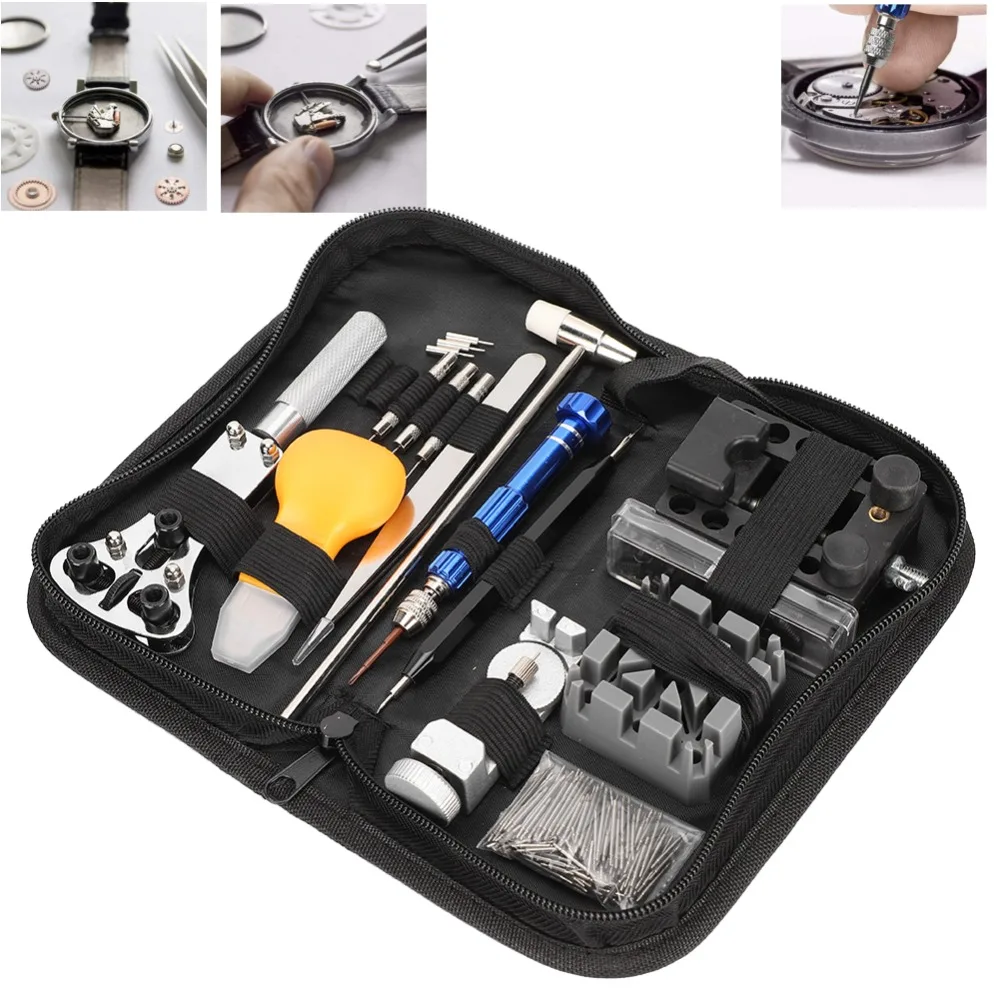 122Pcs Durable Alloy Steel Watch Repair Kit Black 20.7 * 10cm Watch Tool Set Watch Strap Adjustment Tool For Electronic Watch