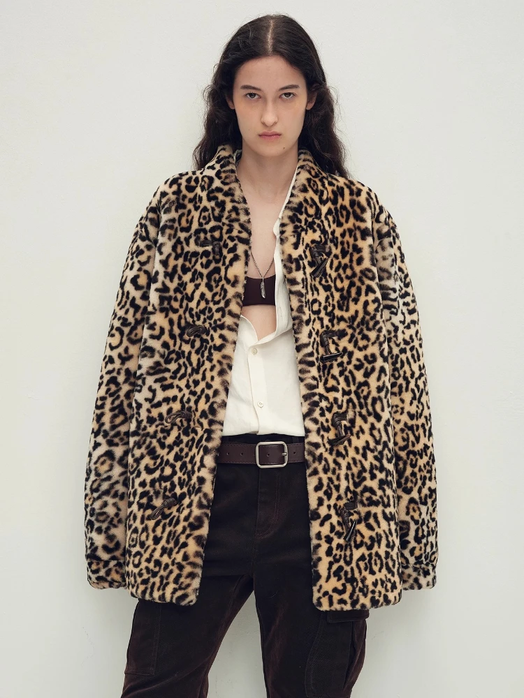 

High-end Luxury Merino Sheep Fur Winter Jackets for Women 2026 Simple Stand Collar Leopard Print Genuine Leather Real Fur Coat