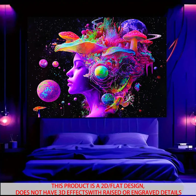 VIKAMA psychedelic goddess tapestry neon tapestry fantasy universe girl with mushroom and planet art room decoration