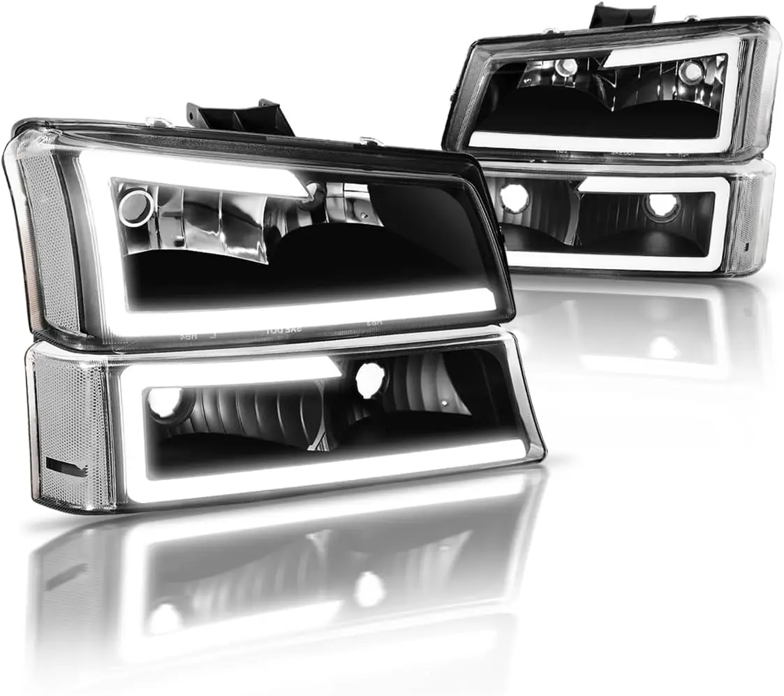 

LED DRL Tube Headlights Assembly with Bumper Lamp Set Compatible with 03-07 Chevy Silverado 1500 2500 3500 Compatible with 03-06