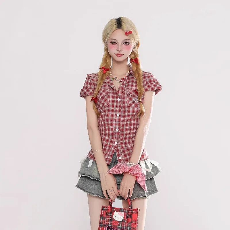Harajuku Vintage Gothic Plaid Shirt Women Lolita Streetwear Grunge Short Sleeve Y2k Top Kawaii Ruffle Patchwork All-match Shirts