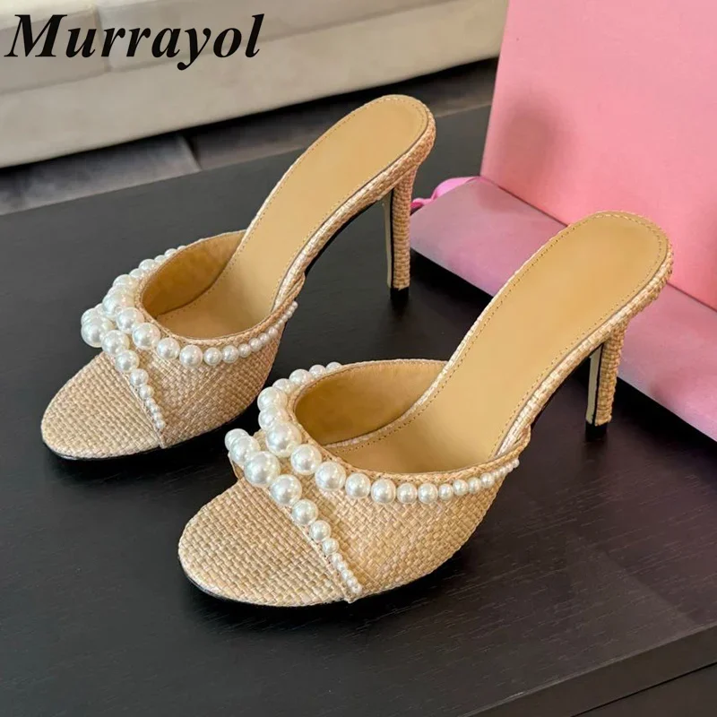 New Open Toe One Strap Thin Heels Sandals Women Pearl Decoration High Heels Slippers Summer Sexy Party Dress Shoes Pumps